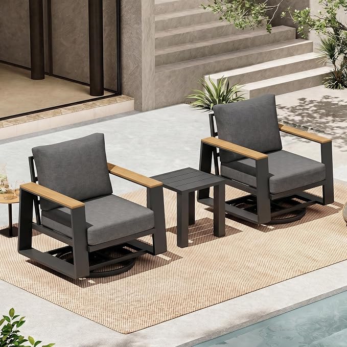 Outdoor Swivel Patio Chairs Set of 3, Aluminum Large 3-Piece Outdoor Patio Conversation Furntiure Set With Side Table, Luxury Wider Seat & High Back Bistro Table and Chairs Set of 3, Graphite