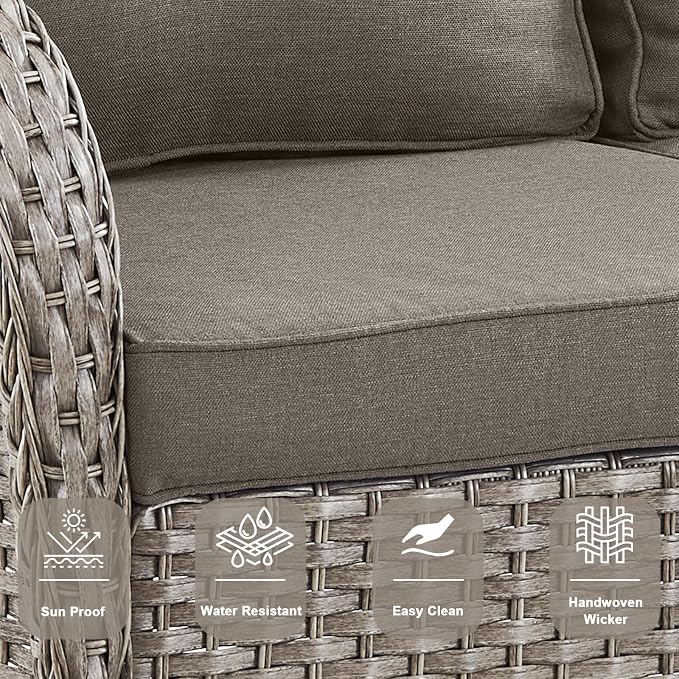 Belord Wicker Outdoor Furniture Set - 7 Piece Patio Conversation Sets with Comfort Swivel Rocker Glider Chairs Set of 2 and Rattan Sofa, Tempered Glass Coffee Table and Side Table,Gray/Gray