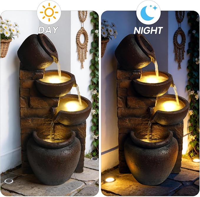 4 Tier Cascading Pot Outdoor Water Fountain with Warm LED Lights, 25.6" Vintage Jar Waterfall Garden Fountain, Weather-Resistant Resin, Self-Contained Pump, No Plumbing for Patio Yard Porch Landscape