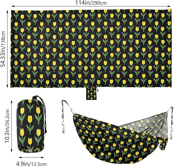 Camping Hammock Outdoor Hammocks for Outside Yellow Tulip Black Beach Trees Portable Lightweight with Pockets Tree Straps Indoor
