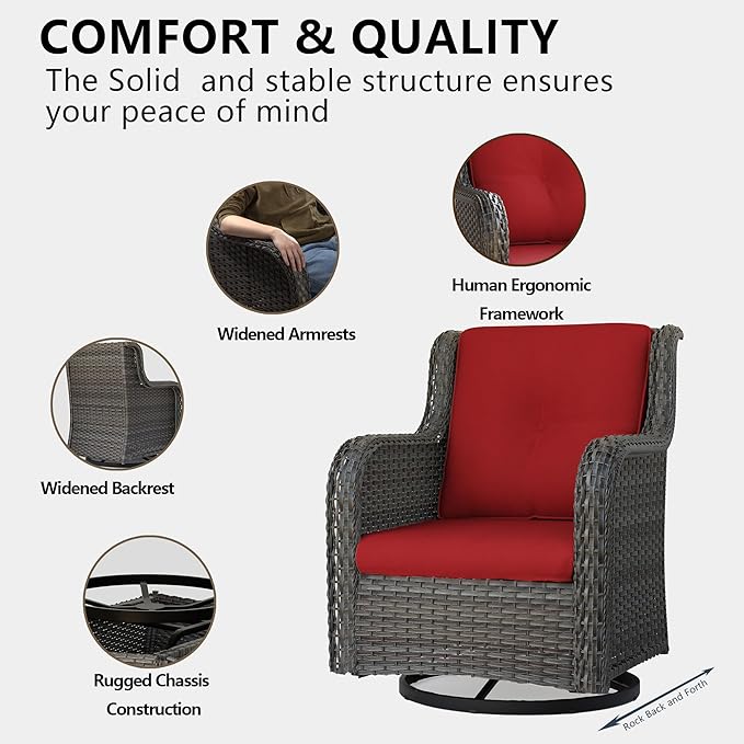 Outdoor 360 Degree Swivel Rocker Patio Chairs Sets of 2 and Matching Side Table - 3 Piece Patio Wicker Glider Chairs with Olefin Cushions(Mixed Grey/Red)