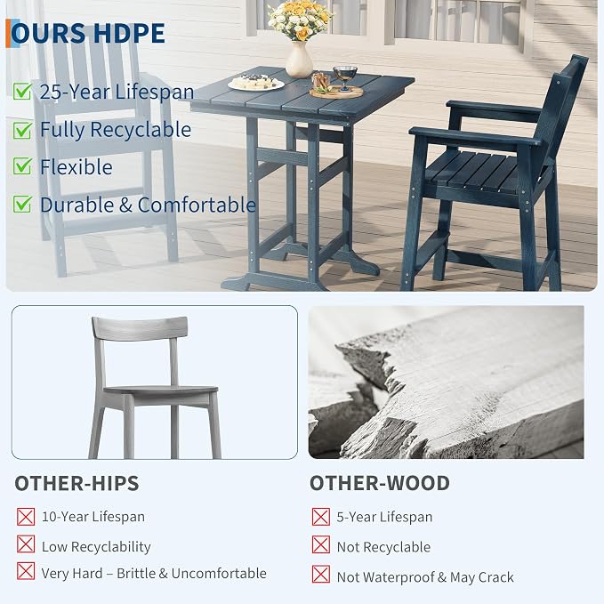 GarveeLife Outdoor Counter Height Bar Dining Table, HDPE Wood Grain Tall Bar Table – 39.6" High Square Pub Table, Cocktail Bistro Table Fits, for Patio, Garden, Poolside, Balcony & Yard (Navy Blue)