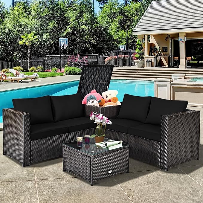 Tangkula 4 Piece Wicker Patio Set with Storage, All Weather-Proof Outdoor Conversation Set with Loveseat, Glass Top Coffee Table & Storage Box, Suitable for Garden, Poolside, Sunroom (1, Black)