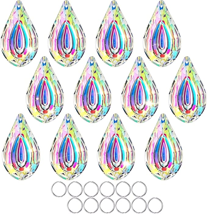 12pcs Suncatcher Crystal 50mm AB Loquat Shape Chandelier Parts Drops Prisms | Rainbow Maker,Hanging Crystal Sun Catchers,Colorful Glass Ornaments For Christmas Tree,Glass Beads For Suncatcher