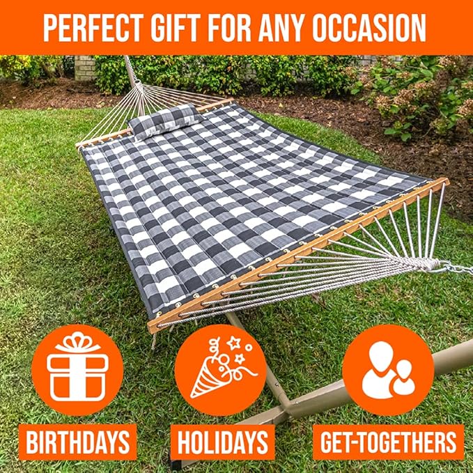 Castaway Living Large 2-Person Quilted Hammock with Stand & Pillow – Buffalo Plaid, 10 ft. L x 52 in. W, 350 lb Capacity, Weather-Resistant Polyester, Portable Space-Saving Frame