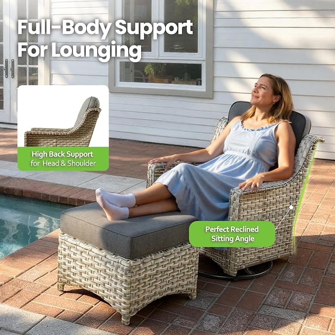 10 Piece Patio Furniture Set with Fire Pit Table, Outdoor Wicker High Back Sofa and Swivel Rocker Chairs Set of 4 with Ottoman, Large Conversation Sets for Backyard Deck Garden, Dark Gray