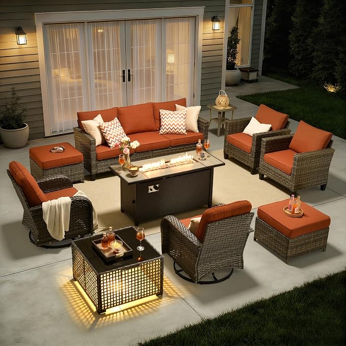 10 Piece Wicker Patio Furniture Set with Firepit, Orange | High Back Swivel Rocker Chairs, 54-inch Fire Pit, Outdoor Sofa Ottoman Solar Lights Table, Conversation Sets, Deck Backyard