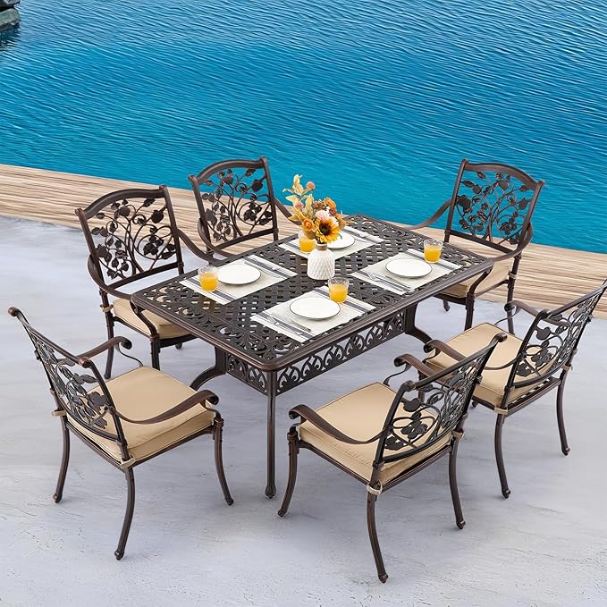 7 Piece Strawberry Outdoor Dining Set Cast Aluminum Retro Patio Dining Set for 6 Includes 59” Rectangular Table and 6 Chairs with Thicker Cushions and Umbrella Hole for Patio Deck Garden
