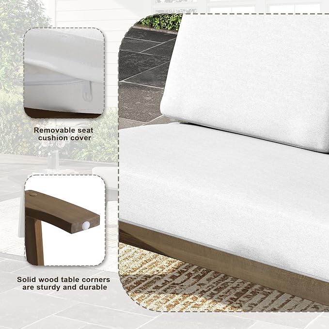 UIXE Wood Patio Furniture Sets, 3 Pieces All Weather Patio Loveseat Sofa Outdoor Sectional Futniture Backyard Conversation Set with Solid Wooden Coffee Table - Beige