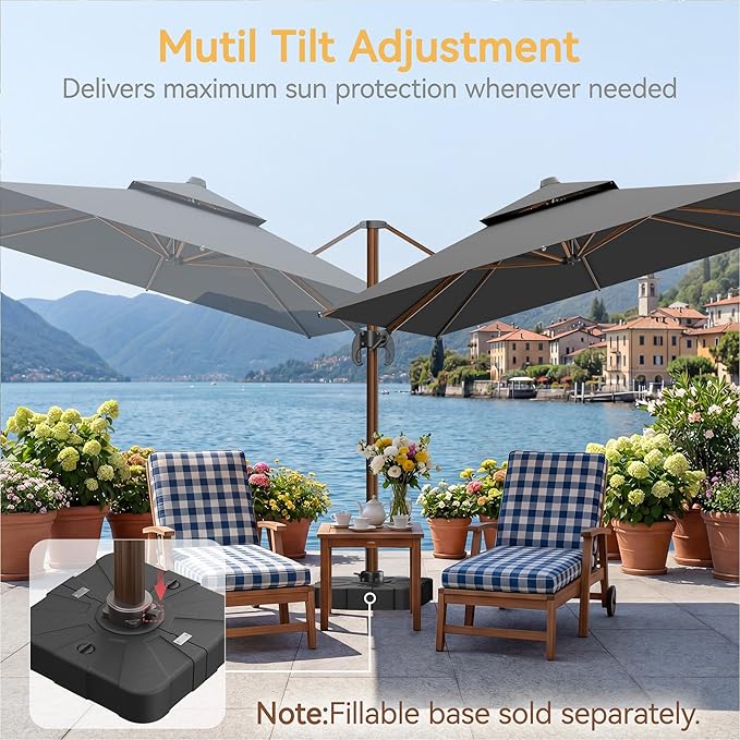 10x13 FT Wood Pattern Patio Umbrella, Large Deluxe Cantilever Rectangular Double Top Heavy Duty Offset Umbrellas with 360° Rotation, Outdoor shade for Garden Deck Pool Patio, Grey