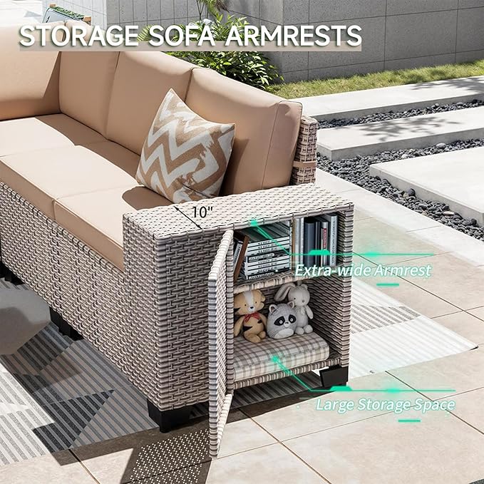 15-Piece Outdoor Patio Furniture Set, Modular Sectional Sofa Set with Swivel Rocker Chairs, Wicker Outdoor Couch Conversation Sets w/Coffee Table and Cushions, Khaki