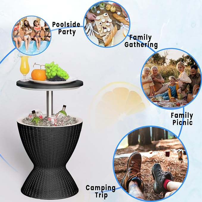 3-in-1 Outdoor Cocktail Table w/Built-in 8Gal Wine Cooler & All-Weather Ice Bucket - Adjustable Patio Bar Height Cooler Table for Poolside, Backyard, Outdoor Bar, Party & Picnic