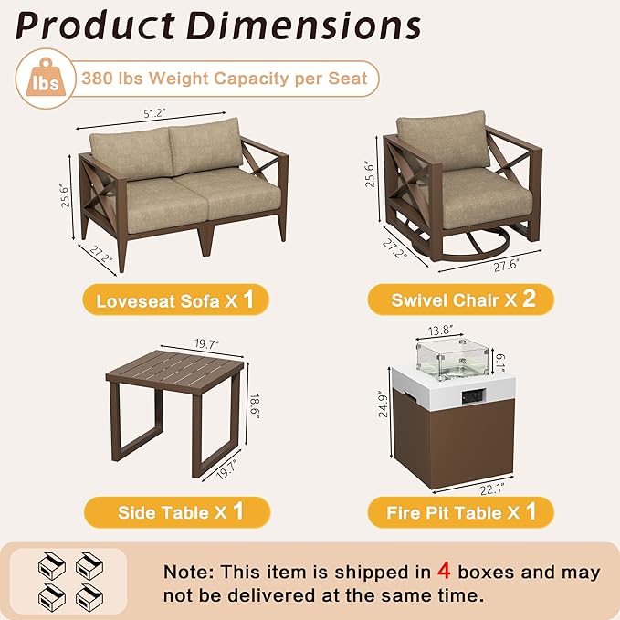 MBY 4-Seat Aluminum Patio Furniture Set with Fire Pit – Outdoor Conversation Set with 2 Swivel Rocking Chairs & 37,000 BTU Propane Table, All-Weather for Balcony & Garden – Brown