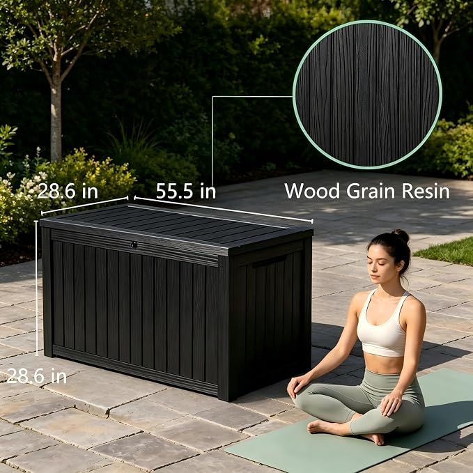 200 Gallon Waterproof Deck Box, Large Resin Outdoor Storage Box for Patio Cushion Storage, Pool Accessories & Garden Tools, 880 Lbs Load Capacity Storage Bins – Lockable Lid, Black