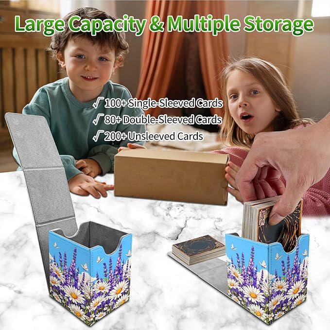 Blue Sky Lavender Card Deck Box for MTG, Personalized Card Storage Case Fits 120+ Sleeved Cards, Premium Leather TCG Box with Strong Magnetic Closure for Magic, CCG, PTCG, Baseball Cards