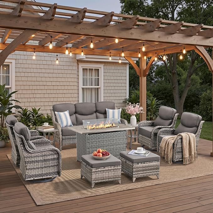 Luxury Patio Furniture Set with 42.5" Fire Pit Table, 10 Pieces High Back All Weather Wicker Outdoor Furniture w/ 6-Inch Thick Cushions, Patio Swivel Chairs Couch for Deck Balcony Backyard Grey