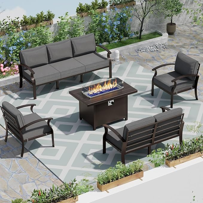Patio Furniture Set 5-Piece Aluminum Armrest Sofa, Modern Outdoor Living Room Set with 55000 BTU Propane Aluminum Fireplace, Outdoor Rotary Joystick with Thick Cushion