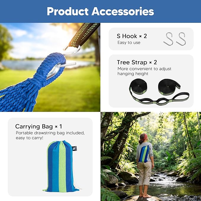SUNCREAT Hammocks Outdoor Camping Double Hammock with Spreader Bar, Carrying Bag, Blue & Green