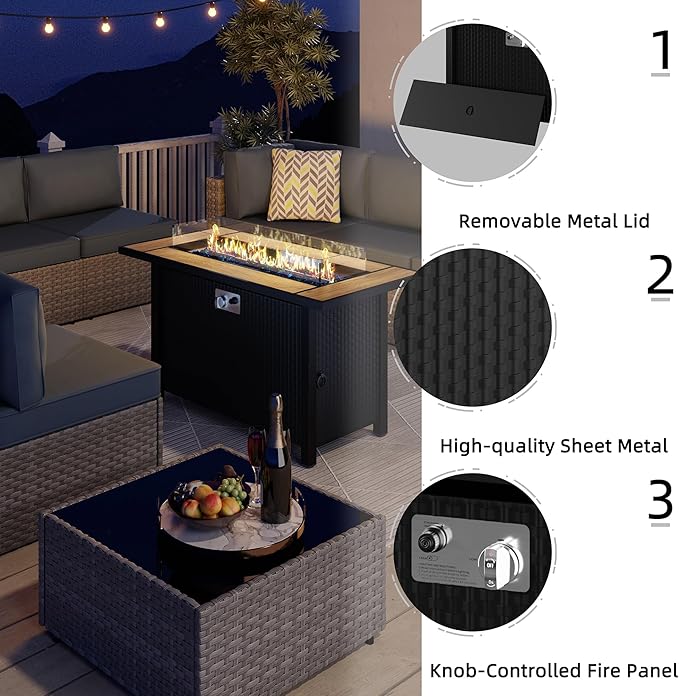 JAMFLY 8 Piece Outdoor Patio Furniture Set with Propane Fire Pit Table, All-Weather PE Wicker Rattan Sectional Sofa Set with Thick Cushions for Backyard, Garden, Poolside(Aegean Blue, Silver)