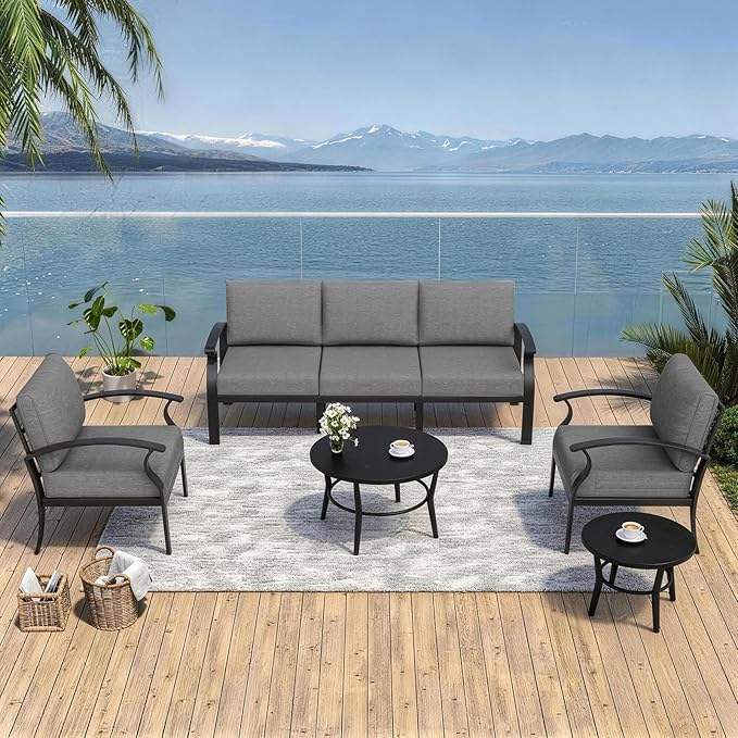 Kurapika Aluminum Patio Furniture Set 5-Seat Modern Metal Outdoor Conversation Sets w/5.1 Inch Cushion Patio Sectional Sofa with 2 Round Coffee Tables, Grey