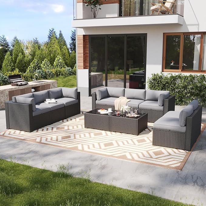 LazySunsets 10 Piece Outdoor Patio Furniture Set with Coffee Table, Outdoor Patio Furniture Sets with Waterproof Cover, Wicker Rattan Outdoor Conversation Set for Backyard & Garden, Light Grey