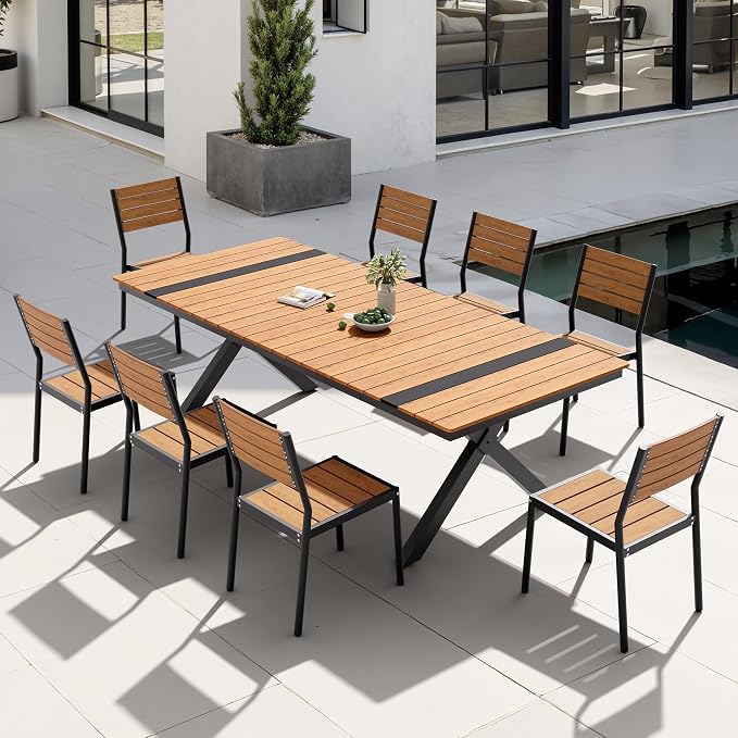 Pellebant Outdoor Dining Set for 8, 9 Pieces Aluminum Patio Table and Stackable Armless Chairs with Umbrella Hole & Wood-Like Top, Brown