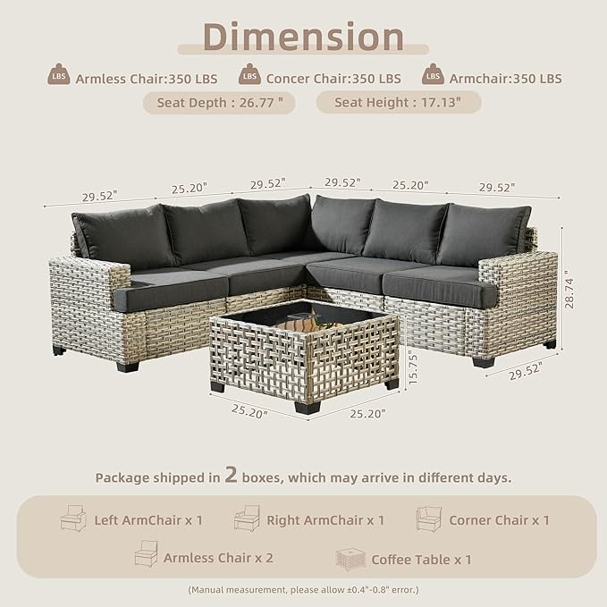 Outdoor Sectional Patio Furniture Set,6 Pieces Wicker Conversation Sets L Shaped Couch,Outdoor Sofa Outside Furniture with Solar-Powered Coffee Table(Black)