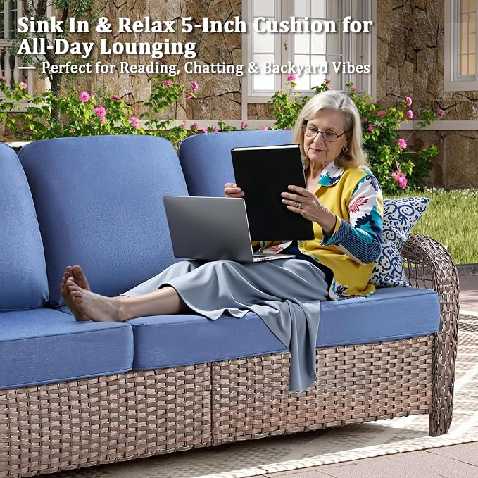 Patio Furniture Set with Fire Pit Table - 6 Pieces All-Weather Wicker Outdoor Furniture with High Back Swivel Chairs Set of 2 Outdoor Couch for Deck Balcony Backyard Blue