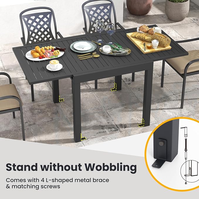Tangkula 7 Pieces Outdoor Dining Set for 6 with Expandable Table, Patio Aluminum Rectangular Slatted Tabletop Table and Stackable Armchairs, for Deck, Garden, Backyard and Poolside