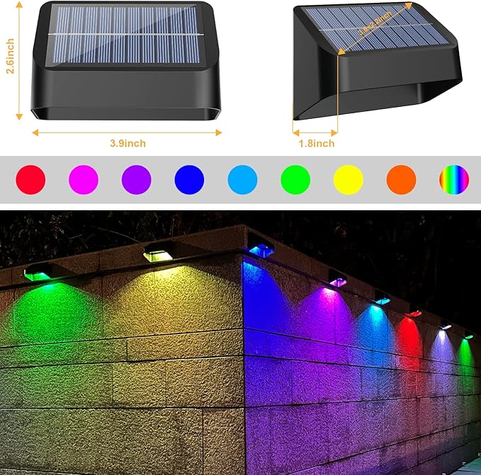 18 Pack Brighter Solar Fence Lights RGB 8 Colors Dusk to Dawn Deck Light Fence Solar Lights Outdoor IP65 Waterproof Solar Outdoor Lights for Step Patio Backyard Railing Wall, Black
