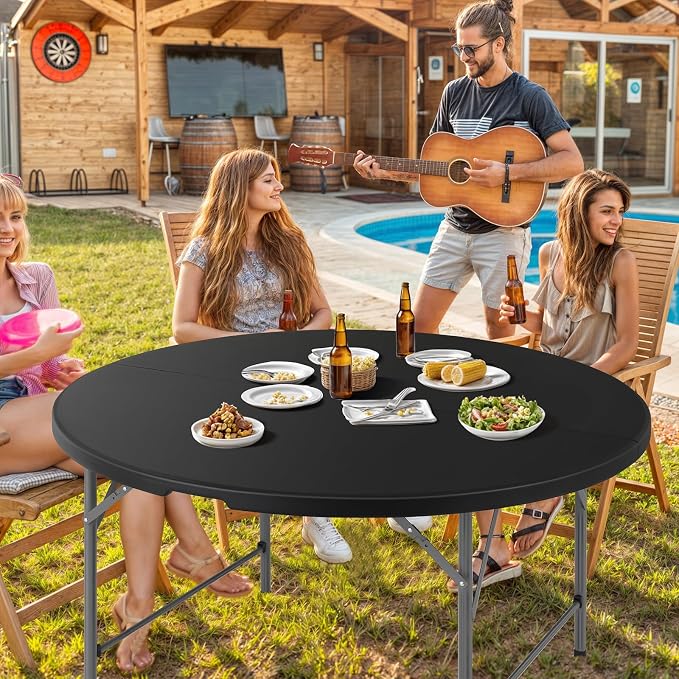 Magshion 53" Round Folding Table, 4.5 Feet Bi-Folding Plastic Commercial Dining Card Table w/Carrying Handle for Outdoor Wedding Party Event Picnic, Black