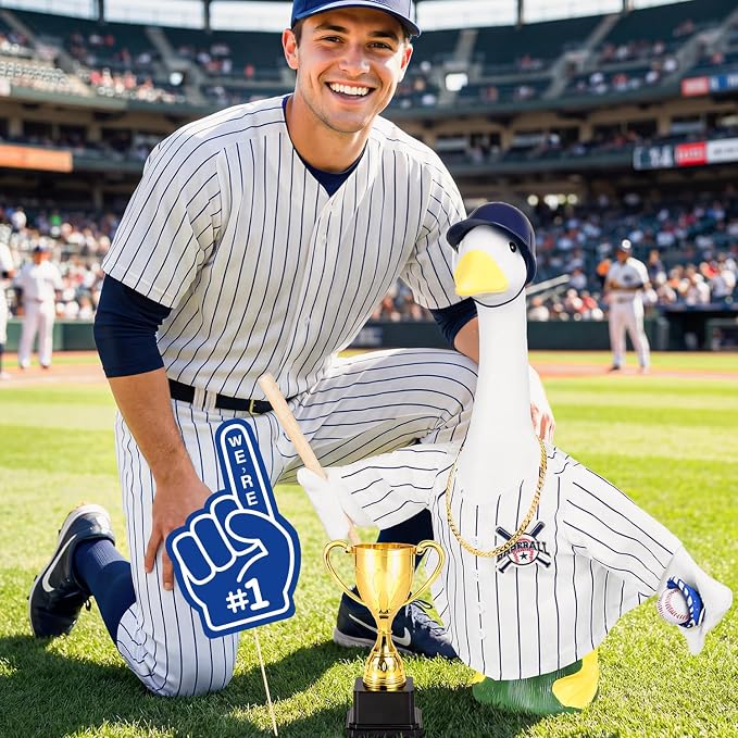 MOVINPE Baseball Goose Outfit for 23" Porch Goose Statue, Blue & White Pinstripe Team Uniform Set with Bat, Glove, Helmet, #1 Yard Sign & Trophy – Sports Lawn Decor Outdoor Patio Yard Decor