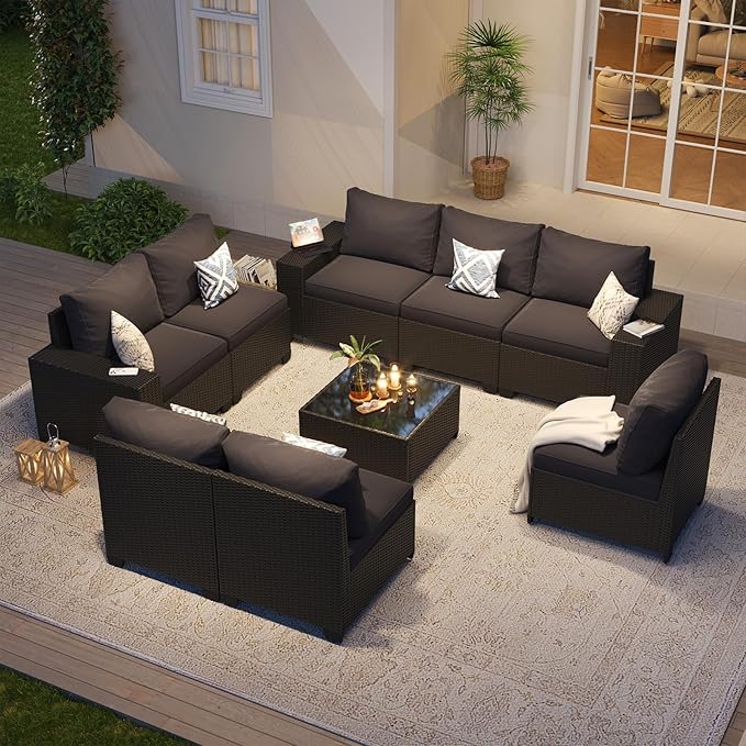 Aoxun Patio Furniture Set, 9 Pcs Outdoor Patio Furniture Sets with 4 in Thicken Cushion, Widen Armrests Wicker Outdoor Sectional for Backyard (Waterproof Cover Include)
