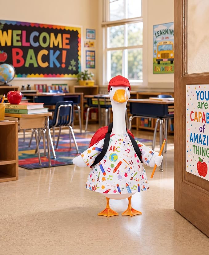 Back to School Porch Goose Outfits, First Day of School Lawn Goose Outfit Set with Dress Hat Schoolbag Pencil Goose Costume for School Classroom Outdoor Porch Garden Patio Yard Lawn Decor
