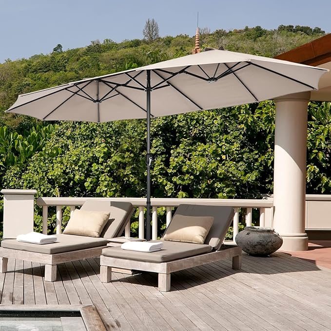 Tangkula 15FT Double-Sided Patio Umbrella, Outdoor Market Umbrella W/Hand-Crank System & Enhanced Base, Ultra-Large Twin Garden Umbrella W/ 12-Rib Structure for Residential & Commercial Use (Beige)