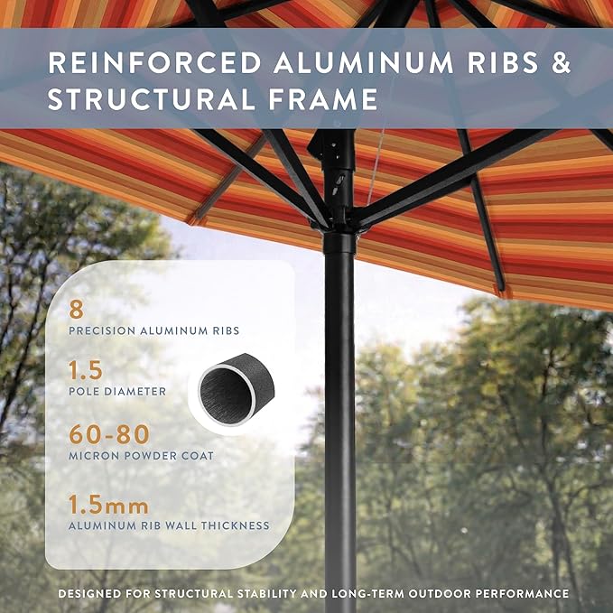 California Umbrella 12-Year Protection 7.5-Ft Outdoor Patio Umbrella, Sunbrella Fade-Resistant Fabric, Auto-Tilt, Heavy Duty Aluminum Frame, 8 Reinforced Ribs for Pool or Deck, Black Pole, Astoria Sunset