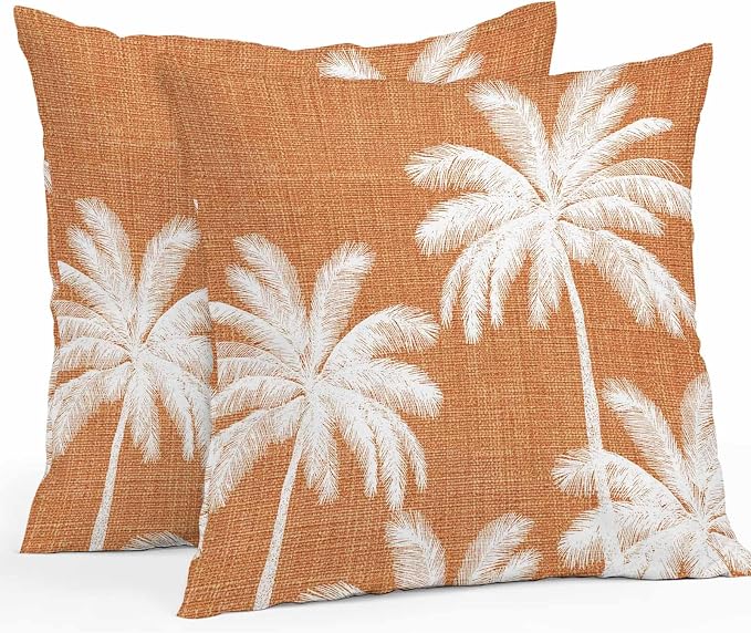 Outdoor Pillow Covers 26x26 Inch Set of 2, Burnt Orange Palm Trees Waterproof Throw Pillow Covers, Farmhouse Tropical Summer Beach Decorative Cushion Pillowcases for Couch, Sofa, Bed, Garden, Patio