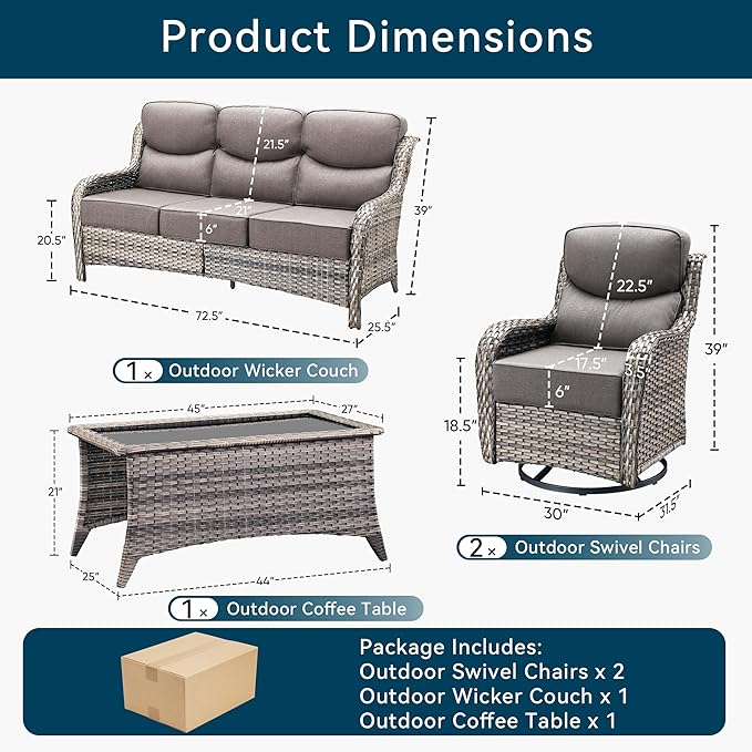 Luxury 4 Pieces Patio Furniture Set-Outdoor Swivel Rocker Patio Chairs with 6" Extra Thick Cushions, High Back Outdoor Couch and Coffee Table, Wicker Conversation Sets for Porch Deck(Grey/Grey)
