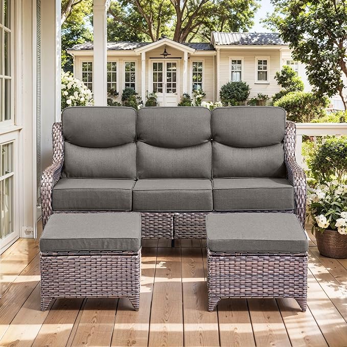 HUMMUH 9 Pieces Wicker Outdoor Furniture Set 6-inch Cushions High Back Patio Sofa Swivel Rocker Chairs Set of 2 with Coffee Table for Porch,Deck,Backyard