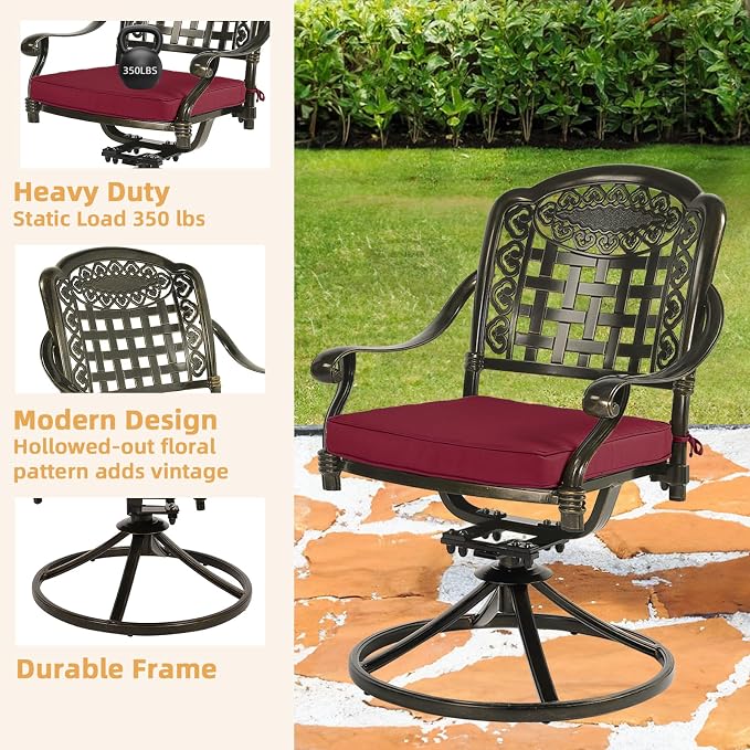 9-Piece Patio Furniture Dining Set, Cast Aluminum Outdoor Conversation Set- 61" Round Patio Dining Table with Detachable Lazy Susan & 8 Cushioned Swivel Rocker, Umbrella Hole, Chili Red