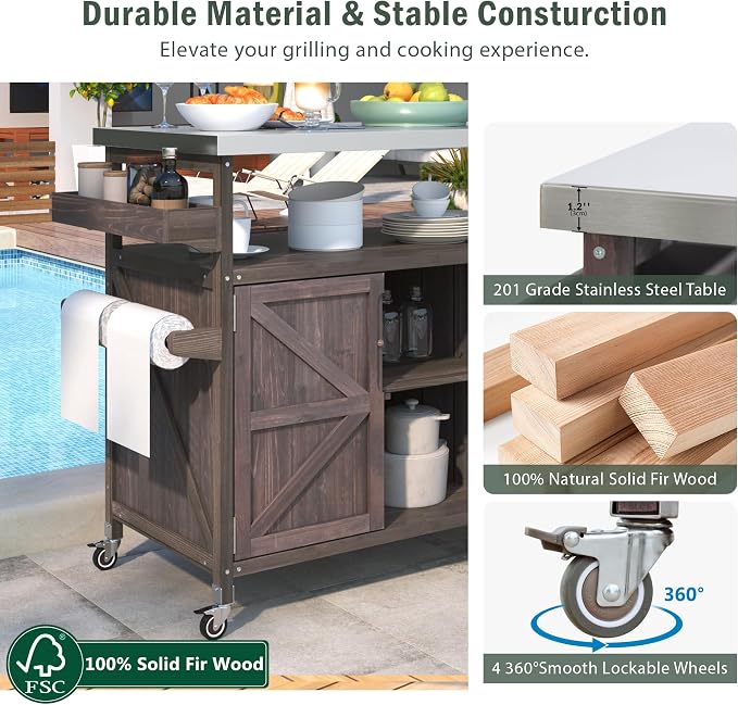 Outdoor Deck Box Storage Cabinet with Stainless Steel Countertop, 50 Inch Solid Wood Patio Storage Box on Wheels for Garden Tools, Grill Prep, and Pool Accessories, Dark Brown