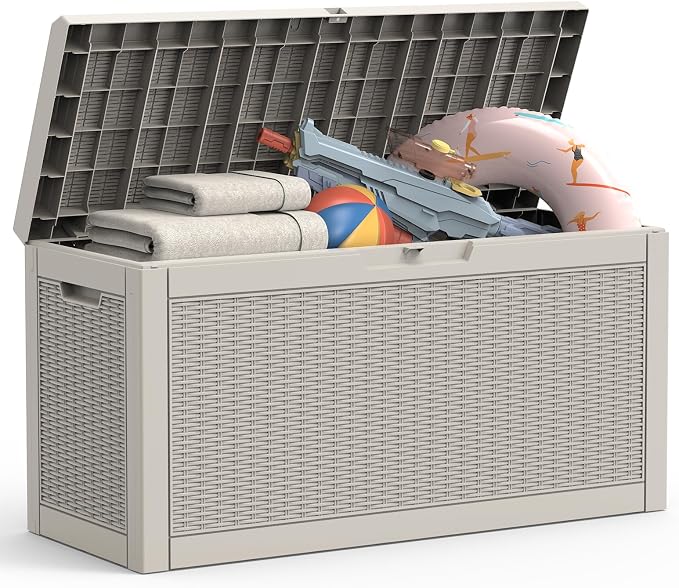 66 Gallon Outdoor Deck Box - Lockable Waterproof Storage Container, Resin Weatherproof Box for Patio Garden Furniture Pool Tools Cushions, Grey Bench