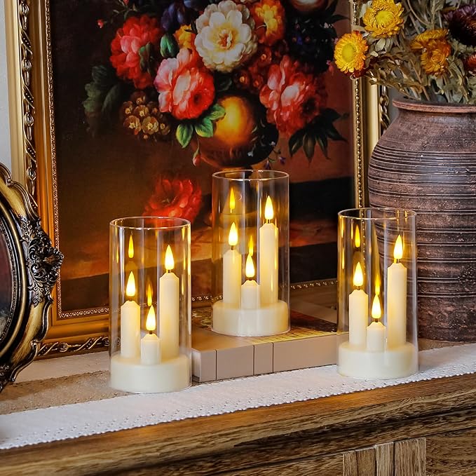3 in 1 Flameless Taper Short Candles with 10 Key Remote Control and Timer, Battery Operated Pack of 2 LED Acrylic 3" x6" White Pillar Flickering Warm Light
