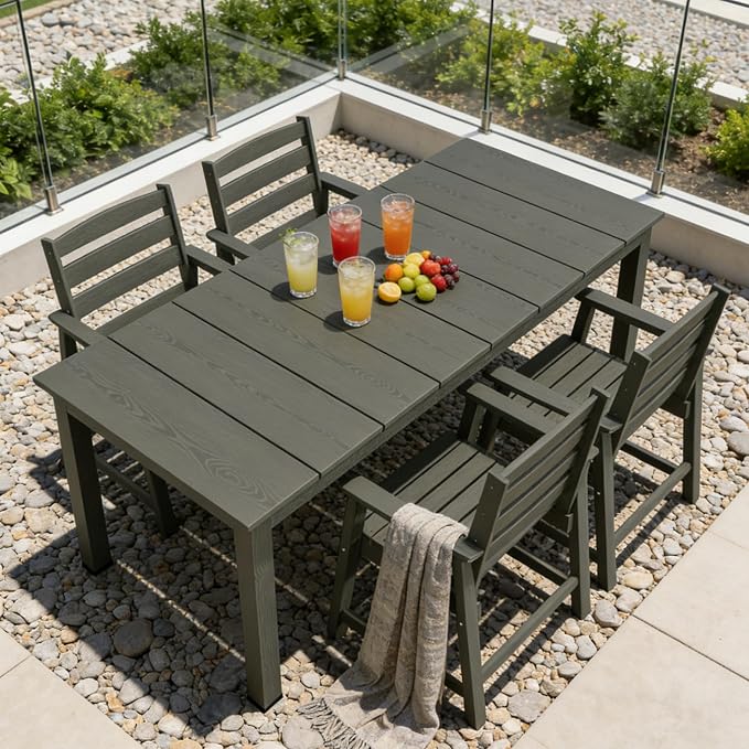 PLUUV 5-Piece Patio Dining Set, Hdpe Outdoor Patio Furniture Set with Aluminum Table Legs & Umbrella Hole, All-Weather Resistant Patio Table Set for Garden, Backyard, 4 Chairs & 1 Table, Gery