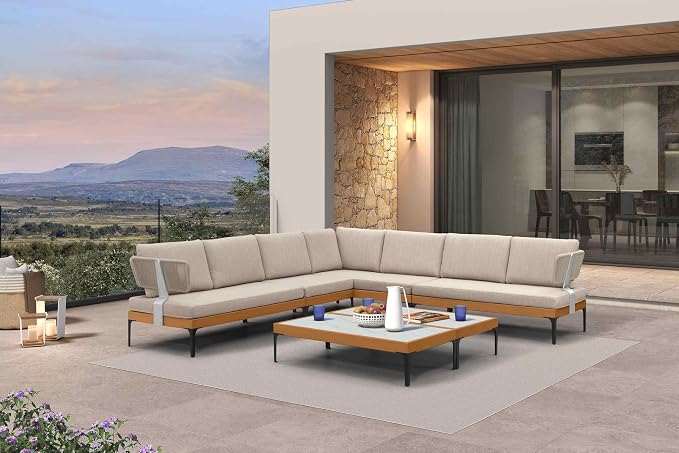 PURPLE LEAF Patio Furniture Set Outdoor Sectional Sofa with Coffee Table Cushions and Pillows Wicker L-Shaped 9 Pieces Aluminum Conversation Sets for Balcony Yard Garden Poolside, Oatmeal Greige