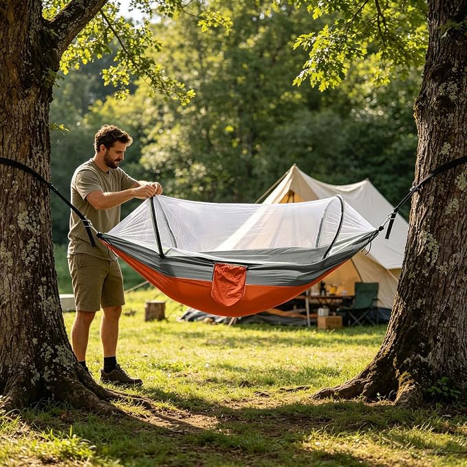 Heavy Duty Hammock with Mosquito Net–Canvas Hammock, Fade-Resistant Cotton Lounger, Roll-Free Comfort Design, Easy Setup for Backyard, Porch, Garden, Camping, Travel (Orange)