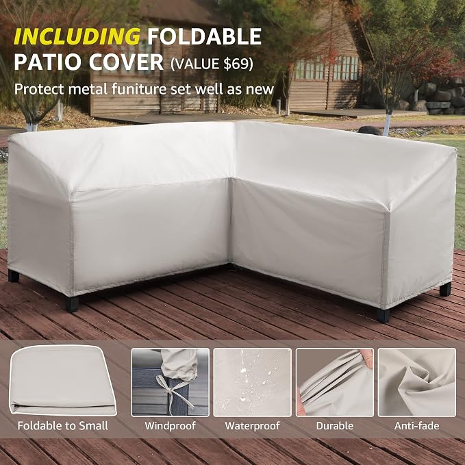 NATURAL EXPRESSIONS 8 Pieces Patio Furniture Sets,Metal Outdoor Sectional Couch L Shape Conversation Set,Highback Patio Sofa with Dining Table,2 Ottomans,Large Waterproof Cover,6.5" Cushion for Yard