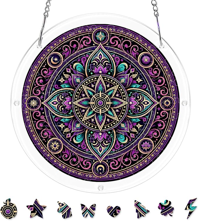 Acrylic Puzzle Suncatcher, Sun Catchers Puzzle for Window Hanging | 8.2 Inch Purple Mandala DIY Suncatcher Puzzle Gifts for Adults, Women, Men, Wife, Mom, Home & Garden Decor