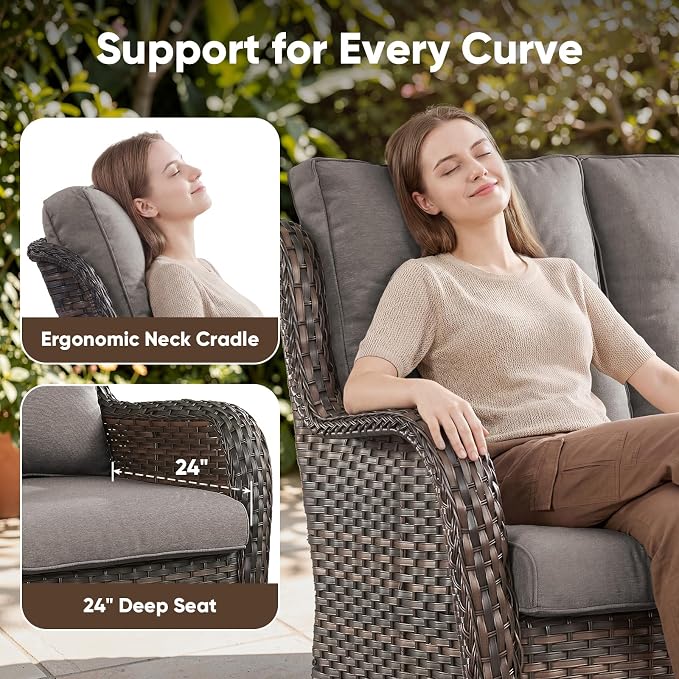 Belord 3-Piece PE Wicker Outdoor Sofa with 2 Ottomans, Luxury Patio Couch Convertible to Chaise Lounge, All-Weather High Back Deep Seat Woven Furniture for Deck, Porch - Brown/Grey