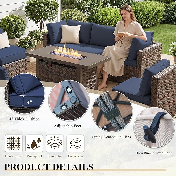 5 Piece Patio Furniture Set with Fire Pit Table, All Weather PE Rattan Outdoor Sectional Sofa Couch with 4 x arm Sofa, No-Slip Cushions for Garden, Poolside, Backyard (Blue)